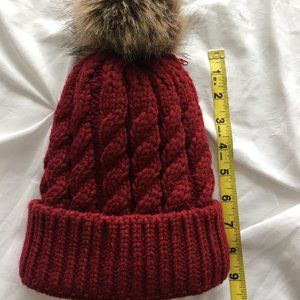 Burgundy PomPom Knit Hat Fuzzy Inside